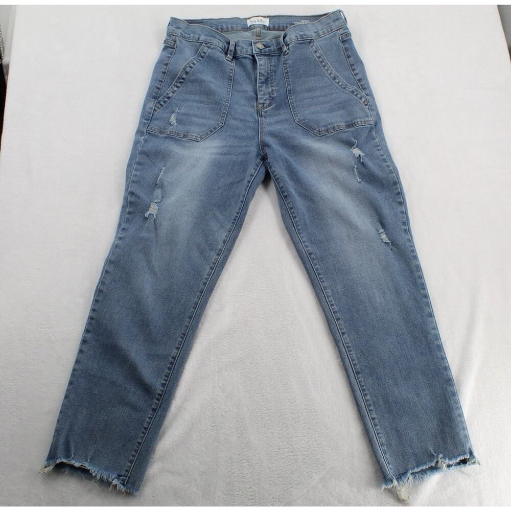 NICOLE MILLER SOHO High Rise Ankle Slim jeans Size 12, Distressed, Raw Hems